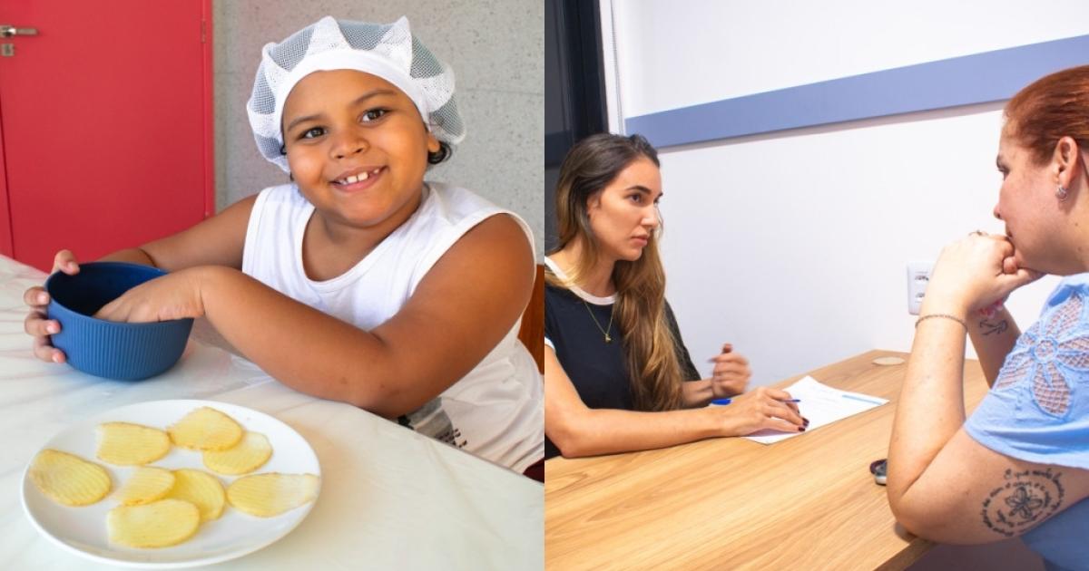 Criança participa de atividade de terapia alimentar com acompanhamento de profissional de saúde